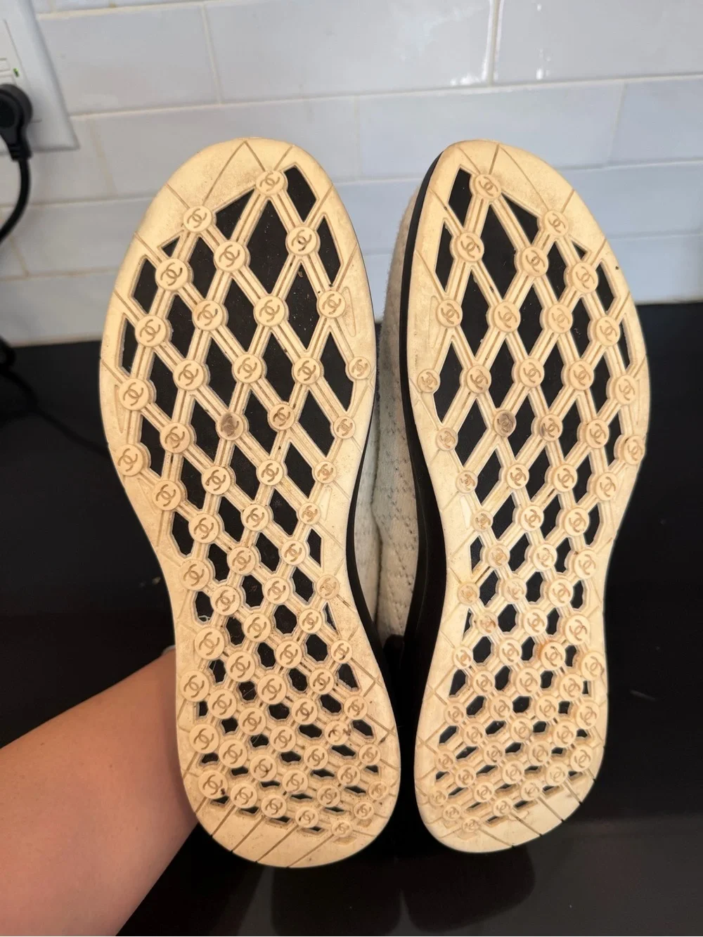 Chanel Women’s Knit Sneakers in Cream and Black